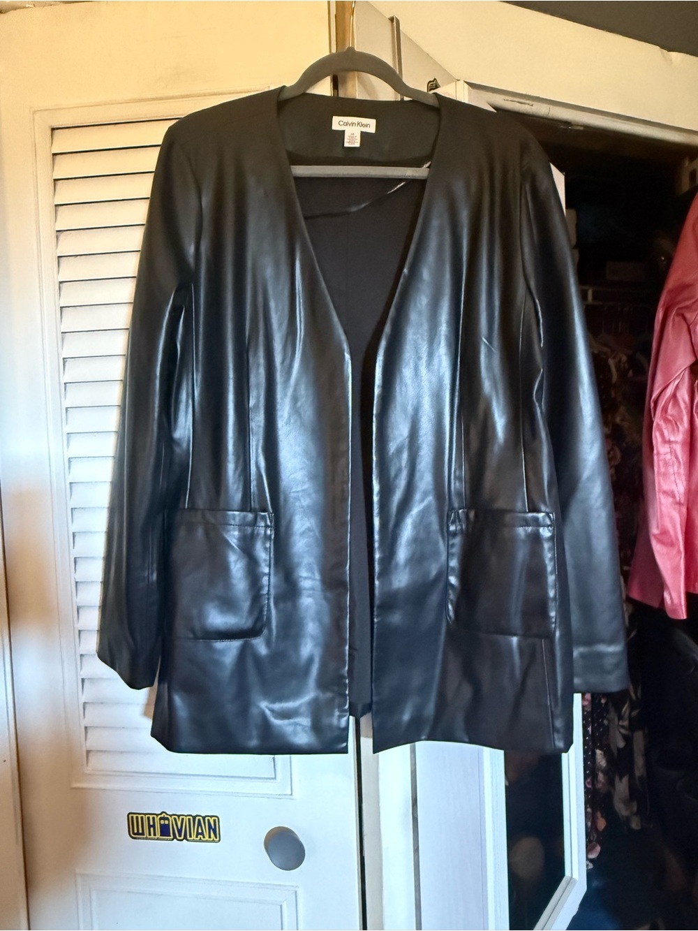 Calvin Klein Black Faux Leather Open-Front Jacket Blazer